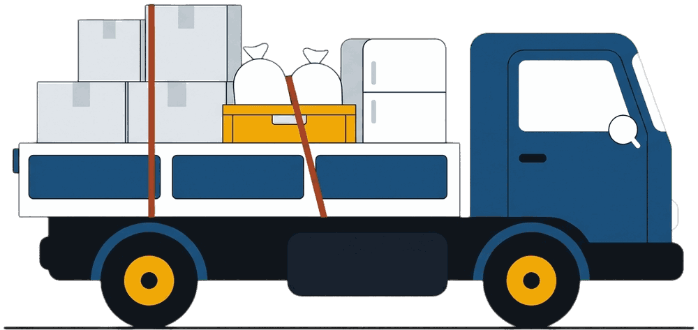 A Movu lorry loaded with boxes and furniture